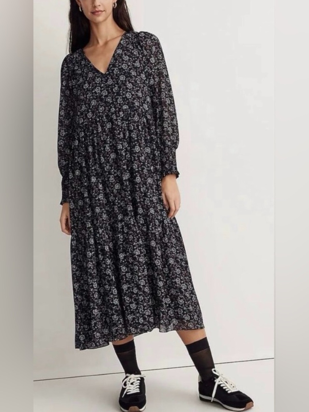 Madewell Georgette Tierred Midi Dress Womens  Navy Blue Enchanted Floral Small - Picture 4 of 13